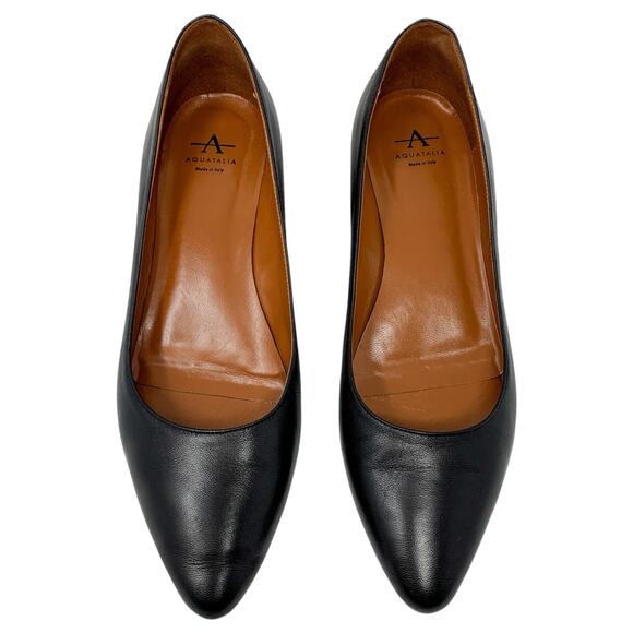 Aquatalia Pasha Black Leather Almond Toe Low Block Heels Weatherproof Pumps - Picture 2 of 9